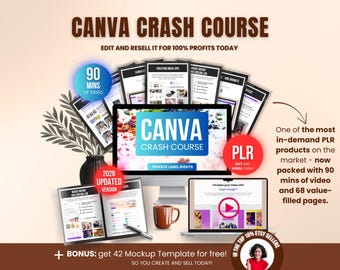 Curso intensivo de Canva con derechos de reventa PLR, videotutorial editable y libro electrónico, guía de capacitación de Canva para principiantes y revendedores, vendedores de Etsy.