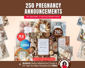 250 Pregnancy Announcement Templates PLR, Baby Announcement Canva Templates Editable Baby Reveal Posts with Resell Rights for Etsy Sellers