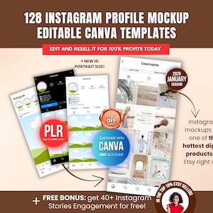 128 Instagram Profile Mockup Templates, Editable Canva Social Media Branding Kit Instagram Grid Reels Posts Stories IG PLR template Resell