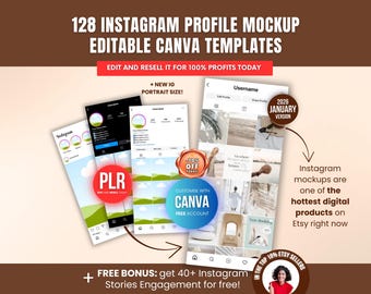 128 Instagram Profile Mockup Templates, Editable Canva Social Media Branding Kit Instagram Grid Reels Posts Stories IG PLR template Resell