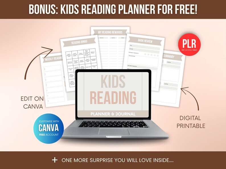 Bonus Kids Reading Planner and journal included with ADHD planner template, digital and printable Canva files with PLR rights, perfect for bundling and increasing value in your Etsy shop.
