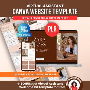May include: A digital marketing template for a virtual assistant website, displayed on a laptop and smartphone. The design features a brown and beige color scheme with the text "CANVA WEBSITE TEMPLATE" and "EDIT AND RESELL TODAY FOR 100% PROFIT".