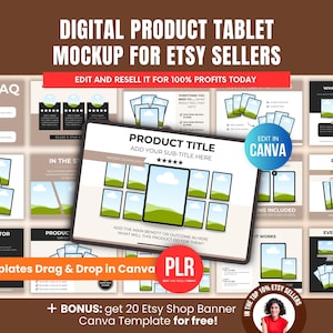 May include: A digital product tablet mockup for Etsy sellers. The image features a tablet with a product title and sub-title, surrounded by various mockups and the text "Edit and Resell it for 100% Profits Today". Includes 180 templates and a bonus Etsy shop banner.
