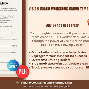 Vision board workbook Canva template for PLR sellers, Etsy sellers, coaches and entrepreneurs, digital manifestation planner designed for resell and passive income