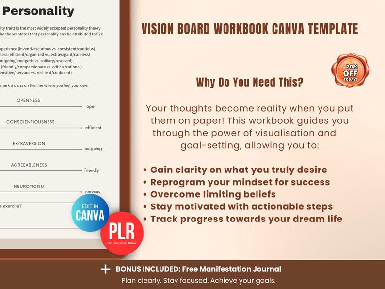 Vision board workbook Canva template for PLR sellers, Etsy sellers, coaches and entrepreneurs, digital manifestation planner designed for resell and passive income