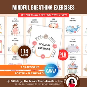 Mindfulness Breathing Exercises For Kids PLR, DFY Calm Down Visual Breathing Cards Bundle Flashcards Canva Templates Printable Resell Rights