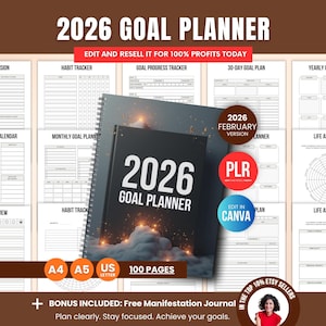 Plantilla de Canva para planificador de objetivos 2026 con PLR, planificador de vida imprimible y listo para usar, rastreador de progreso de hábitos para vender en Etsy.