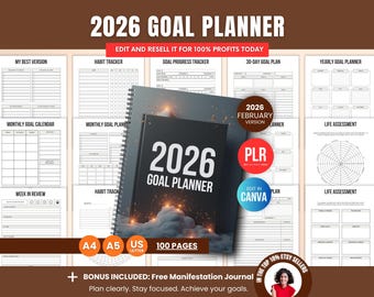 2026 Goal Planner Canva Template with PLR, Done-For-You Printable Goal-Setting System Life Planner, Habit Progress Tracker To Sell on Etsy