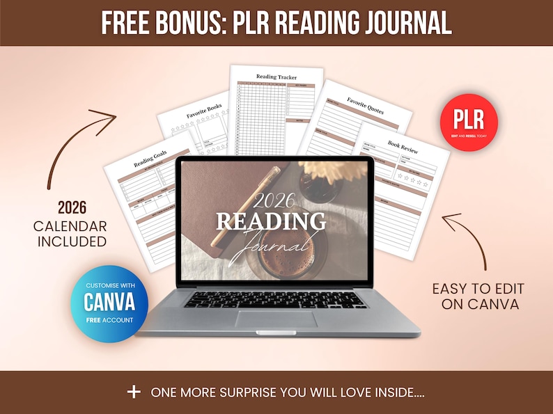 Bonus PLR Reading Journal Canva template included with Student Planner PLR bundle, editable printable reading tracker and academic planner add-on for digital product entrepreneurs and PLR business owners