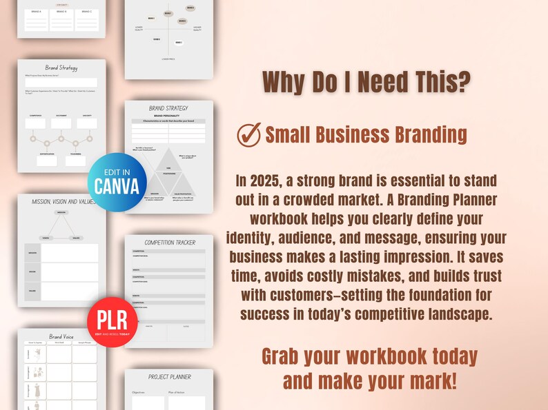 Small business branding planner workbook with SWOT analysis, brand positioning, mission and vision pages, Canva PLR digital download for entrepreneurs building a strong memorable brand