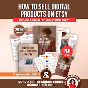 Peut inclure: Publicité pour un guide de produits numériques intitulé "How to Sell Digital Products on Etsy". L'image présente une collection de documents, dont une tablette avec le titre du guide, et le texte "Edit and Resell it for 100% Profits Today."