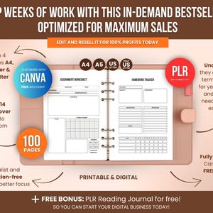 Editable Student Planner PLR Canva template in A4, A5, US Letter and Half Letter sizes, 100 page printable academic planner for resellers, digital product business owners and Etsy sellers creating passive income products