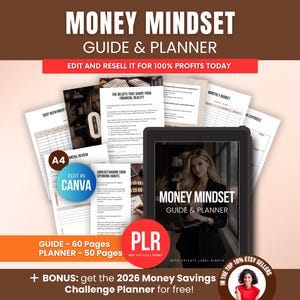 Puede incluir: Anuncio de un "Guía y Planificador de Mentalidad de Dinero" digital. La imagen muestra una tableta con la portada de la guía, rodeada de hojas de trabajo impresas. El texto incluye "Edit in Canva" y "PLR". También se incluye una oferta de bonificación para un Planificador de Desafío de Ahorro de Dinero 2026.