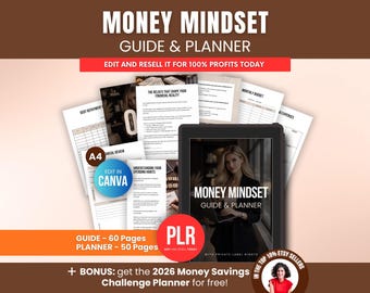 Money Mindset Guide & Planner with PLR, Wealth Mindset Workbook Bundle, Editable Canva Planner for Resale Rights, DFY Etsy Digital Product