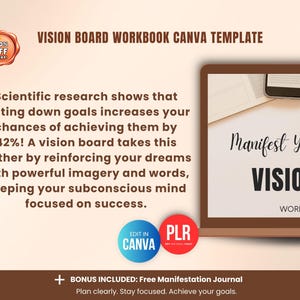 Manifestation vision board workbook explaining how writing goals increases success, digital vision board planner Canva template for mindset, clarity and goal achievement