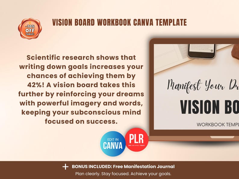 Manifestation vision board workbook explaining how writing goals increases success, digital vision board planner Canva template for mindset, clarity and goal achievement