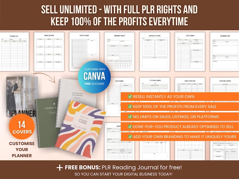 Student Planner PLR with full private label rights, 14 cover designs included, rebrand and resell digital planner template to make money online with printable academic planner products