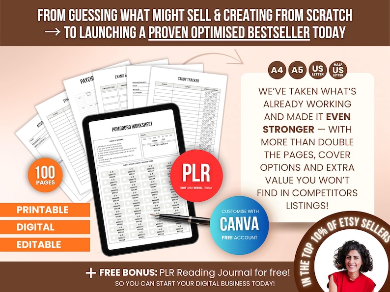 In-demand Student Planner PLR digital download with 100 editable pages, printable and Canva customizable academic planner template for PLR sellers and entrepreneurs building passive income with digital products