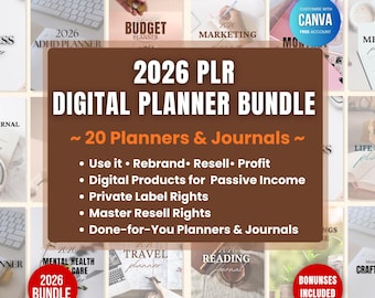 Digitale plannerbundel 2026 met PLR, bewerkbare canvassjablonen, Done-For-You digitale producten Doorverkooprechten Etsy-verkopers, planners en dagboek