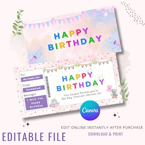 Editable Happy Birthday Gift Voucher, Printable Birthday Voucher Gift Certificate, Unisex Bday Gift Coupon, Invitation Templates Printable
