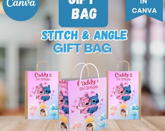 Etiqueta para bolsa de regalo de cumpleaños de Stitch y Angel / Plantilla editable de Canva (Descarga digital)