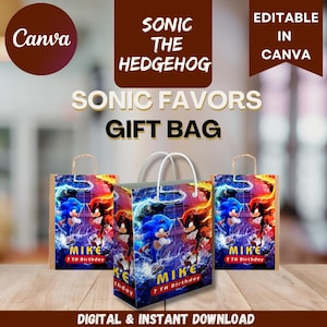Etykieta na torbę prezentową z jeżem Sonic | Etykieta na torbę z jeżem | Etykieta na torbę z upominkami Sonic | Pobieranie cyfrowe | Do druku | Edytowalny szablon Canva