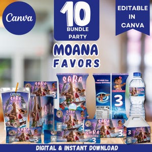 Moana Birthday Party Favor Bundle: 10 Editable Templates (Digital Download)