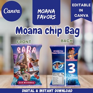 Editable Moana Chip Bag Label: Birthday Party Favors (Canva)