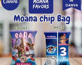Editable Moana Chip Bag Label: Birthday Party Favors (Canva)