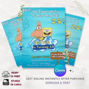 Modello di invito di compleanno Spongebob modificabile / Invito Spongebob stampabile / Inviti per feste / Invito digitale per bambini / Download immediato