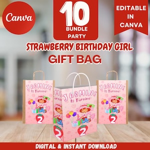 Strawberry Birthday Gift Bag Label | Strawberry Bag Label | Strawberry Favor Bag Label | Digital Download | Editable Canva Template