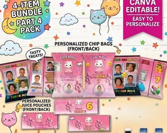 Editable pink cats Party Birthday bundle/cute cat Chip Bag Water Bottle Label , Caprisun, Birthday Bundle, Hershey Bar (Digital Download)
