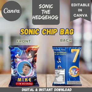 de Sac de chips Sonic The Hedgehog | Sonic 3 Le hérisson | Cadeaux Sonic | Téléchargement numérique | Imprimable | Modèle de toile modifiable