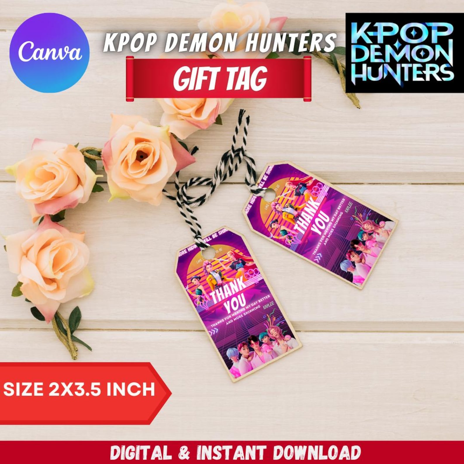 Kpop Demon Hunter Thank You Tags, Custom Birthday Party Favors (digital ...