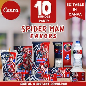 X10 template Spiderman Mega Birthday bundle/spiderman Chip Bag , Water Bottle , RICE KRISPIES Caprisun,  Hershey Bar , KITKAT, Snicker,Pring