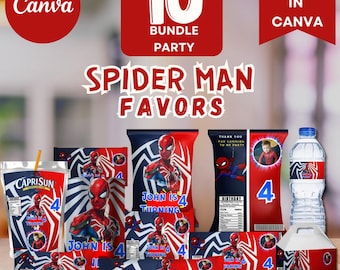 Paquete de cumpleaños de Spiderman: bolsa de papas fritas de Spiderman, botella de agua, RICE KRISPIES Caprisun, barra de Hershey de Spiderman, KITKAT, Snickers, Pringles