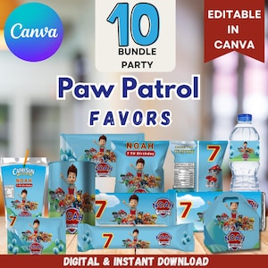 X10 Edytowalny pakiet urodzinowy dla szczeniaka / torebka chipsów dla szczeniaka, butelka na wodę, KRISPIES Caprisun, batonik Hershey, KITKAT, Snicker, Pringles