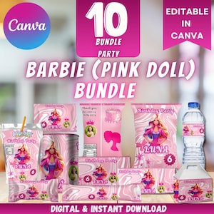 Op de afbeelding: Een roze Barbie-themafeestbundel met diverse items, waaronder Capri Sun-zakjes, chipszakken en waterfleslabels. Het ontwerp bevat het Barbie-logo, de naam "Luna" en het nummer "6". De tekst "Digitaal & Direct Downloaden" is ook zichtbaar.
