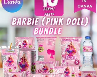 Paquete de cumpleaños de Muñeca Rosa - Bolsa de papas fritas de Muñeca Rosa - Etiqueta para botella de agua - Caprisun - Barra de chocolate Hershey - Recuerdos de fiesta (Canva editable, descarga digital)