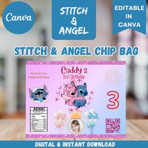 May include: A digital chip bag design featuring the characters Stitch and Angel. The design includes the text "Stitch & Angel Chip Bag", "Caddy's 3rd Birthday", and "Digital & Instant Download". The design is editable in Canva.