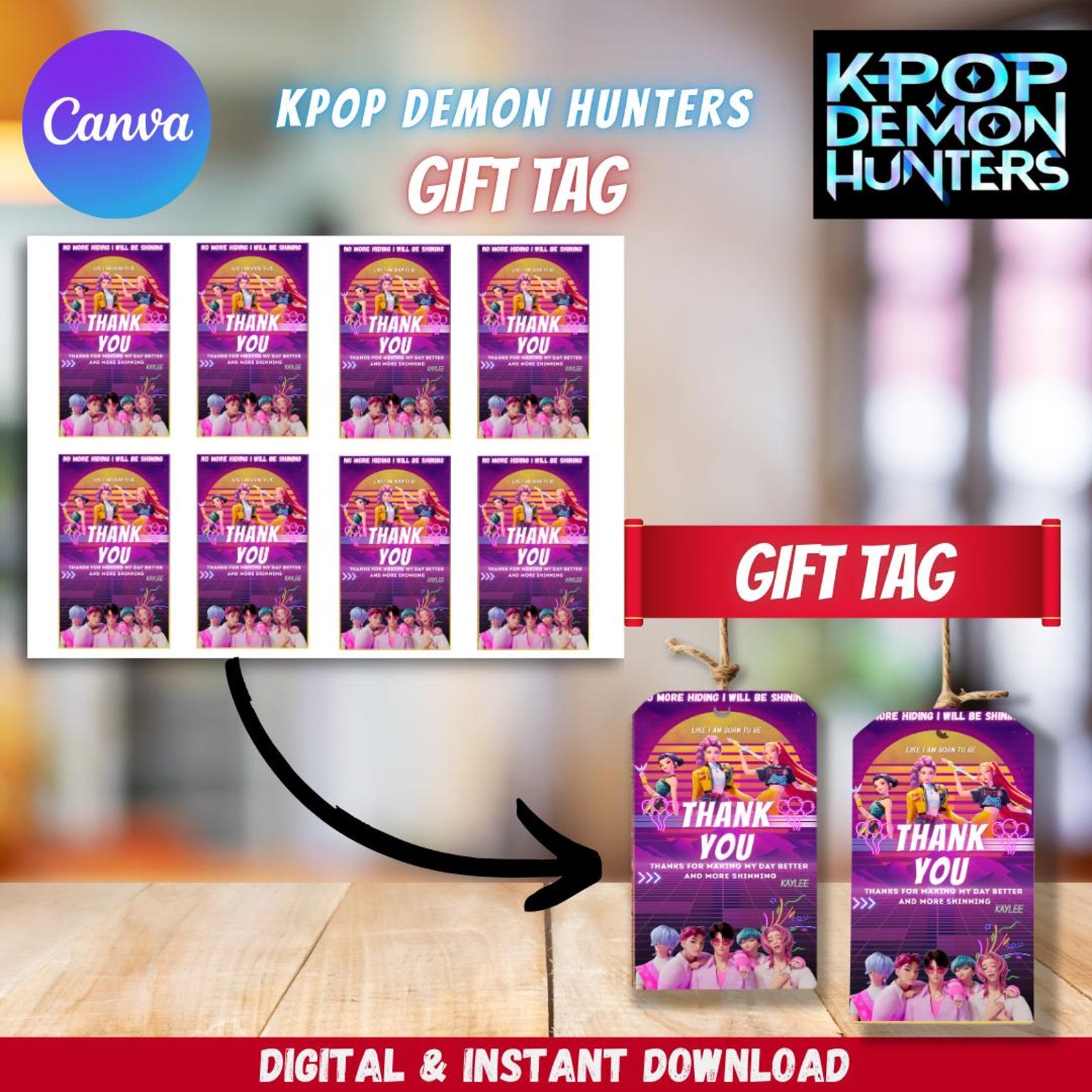 Kpop Demon Hunter Thank You Tags, Custom Birthday Party Favors (digital ...
