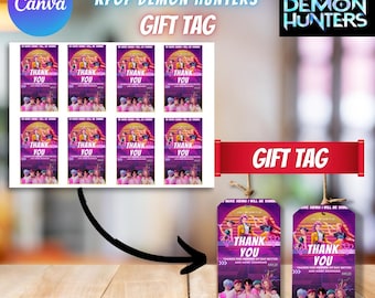 May include: Gift tags with a K-Pop theme. The tags feature a group of people in pink and purple outfits with the words "Thank You". The tags are on a wooden surface with the words "Digital & Instant Download".