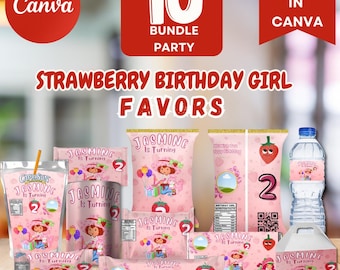 Editable Strawberry Birthday Girl Party Package Bundle, Strawberry Party Favors, Berry Party, Strawberry Chip Bag and 10 online templates