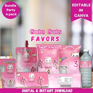 Puede incluir: Un conjunto de etiquetas de favor de fiesta rosa y blancas con un lindo gato de dibujos animados con el texto "Super Kaylee cumple 3 años". Las etiquetas están diseñadas para cajas de jugo Capri Sun, bolsas de bocadillos, botellas de agua y barras de chocolate. Las etiquetas son editables en Canva.