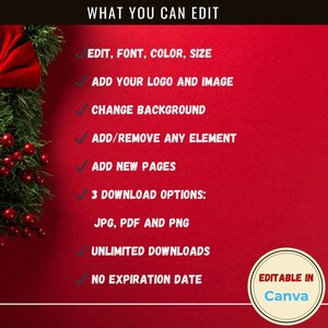 May include: A red background with text that reads "WHAT YOU CAN EDIT". The text lists options such as editing font, color, size, adding a logo, changing the background, and more. The image also states "EDITABLE IN Canva".