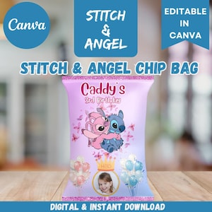May include: A pink chip bag featuring the characters Stitch and Angel hugging. The bag has the text "Stitch & Angel Chip Bag" and "Caddy's 3rd Birthday". The design includes balloons, butterflies, and a photo of a child. The words "Digital & Instant Download" are also present.