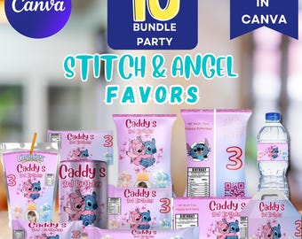 Paquete de fiesta de cumpleaños de Stitch y Angel, 10 artículos, bolsa de Lilo Chip, etiqueta para botella de agua, barra de Hershey Caprisun de Rice Krispies, KITKAT, Snickers y Pringles.