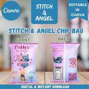 May include: A digital chip bag design featuring the characters Stitch and Angel. The front of the bag is pink with the text "Caddy's 3rd Birthday" and a photo. The back has "We Wish You Happy Birthday" and a number 3.