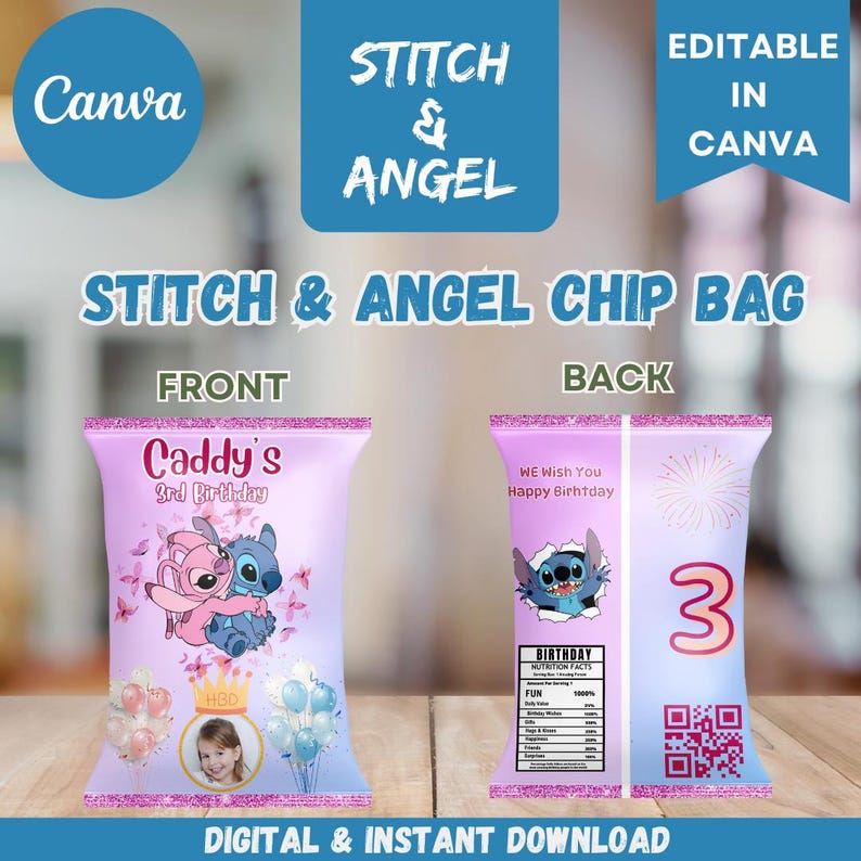 May include: A digital chip bag design featuring the characters Stitch and Angel. The front of the bag is pink with the text "Caddy's 3rd Birthday" and a photo. The back has "We Wish You Happy Birthday" and a number 3.