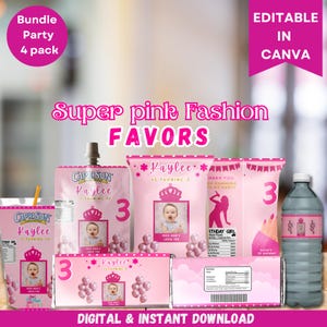 Recuerdos de fiesta editables para muñecas rosas / Paquete de cumpleaños de moda rosa / Bolsa de papas fritas para muñecas / Etiqueta de botella de agua rosa / Muñeca Caprisun / Barra de Hershey para muñecas / Barbie